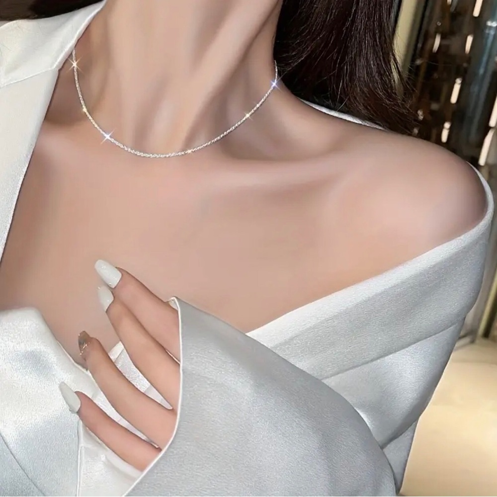 Sparkling Minimalist Silver Plated Chain Necklace Elegant Jewelry Gift 17.7 - Picture 2 of 10